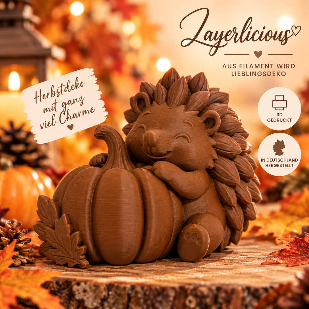 Igel mit Kürbis – 3D-gedruckte Herbstdeko – Braun
