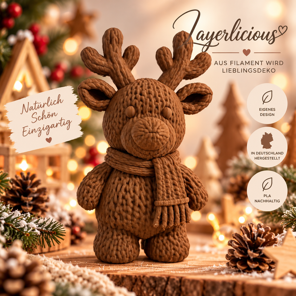 Rentier in Strickoptik 15 cm – 3D-gedruckte Weihnachtsdeko – Braun