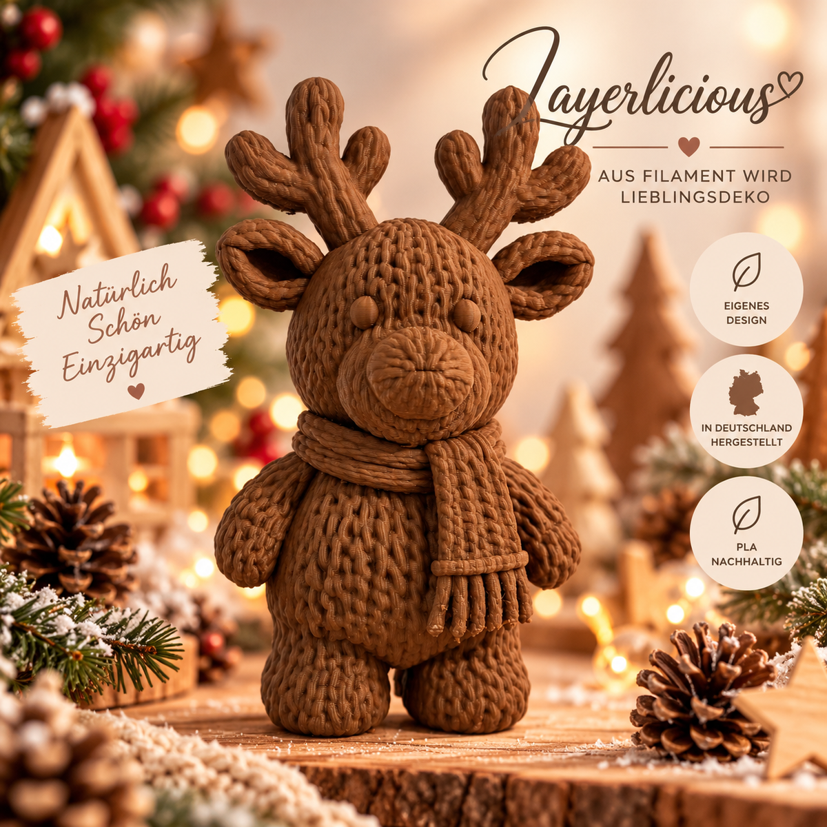 Rentier in Strickoptik 15 cm – 3D-gedruckte Weihnachtsdeko – Braun