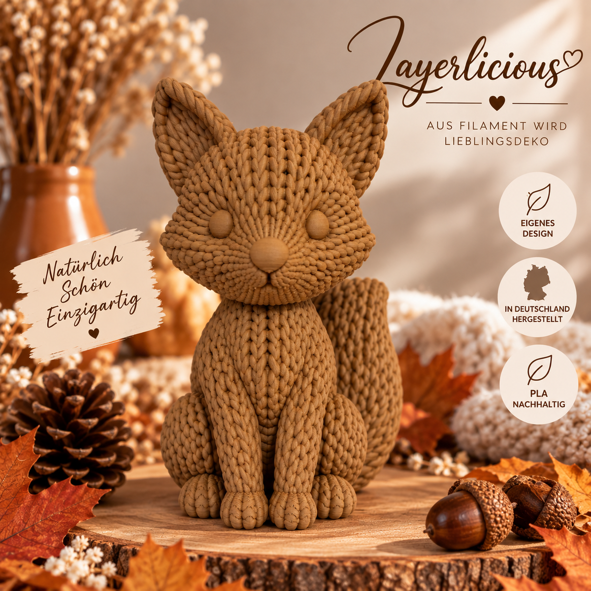 Fuchs in Strickoptik 15 cm – 3D-gedruckte Dekofigur – Wood