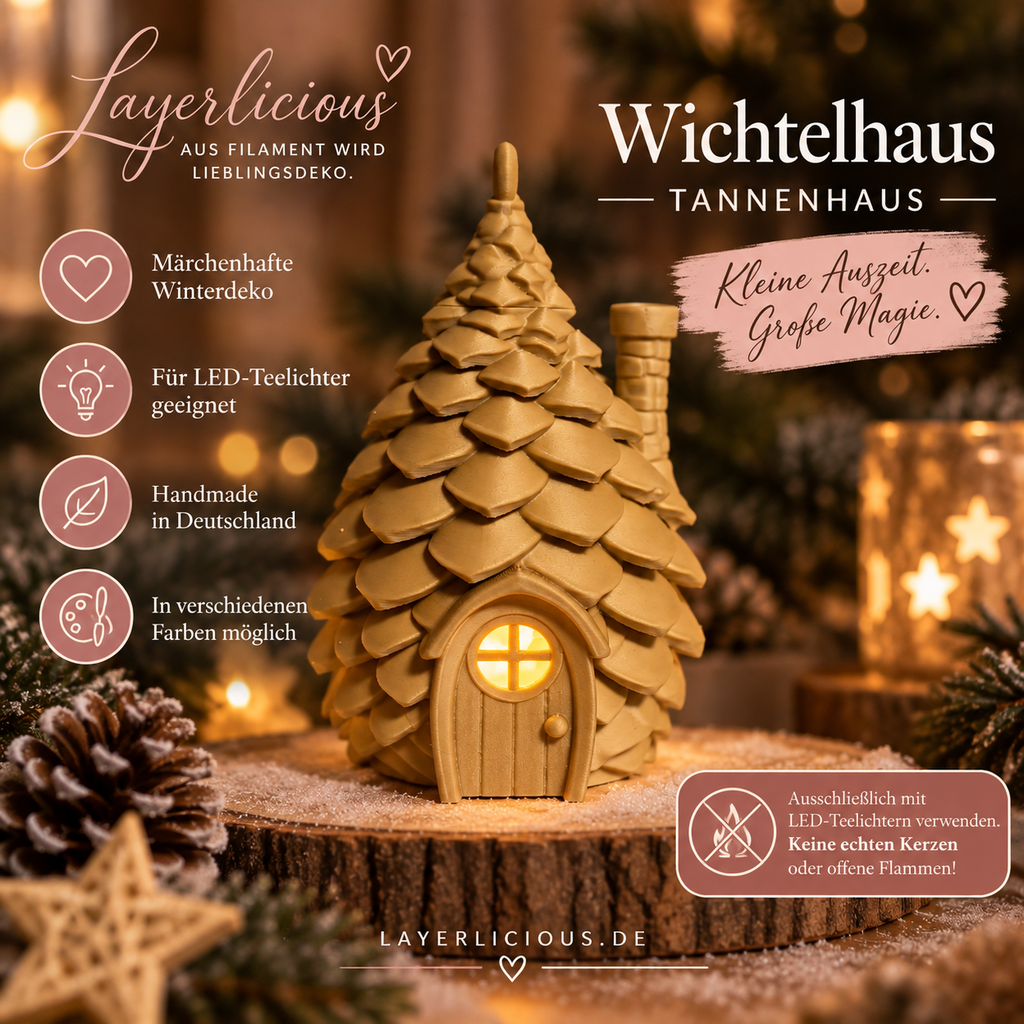 Wichtelhaus 11 cm – 3D-gedrucktes Tannenhaus für LED-Licht