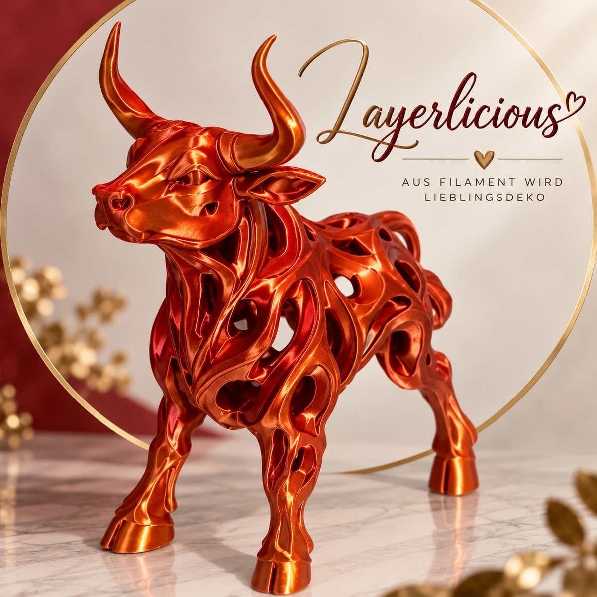 Stier Skulptur 16 cm – 3D-gedruckte Dekofigur – Rot Gold