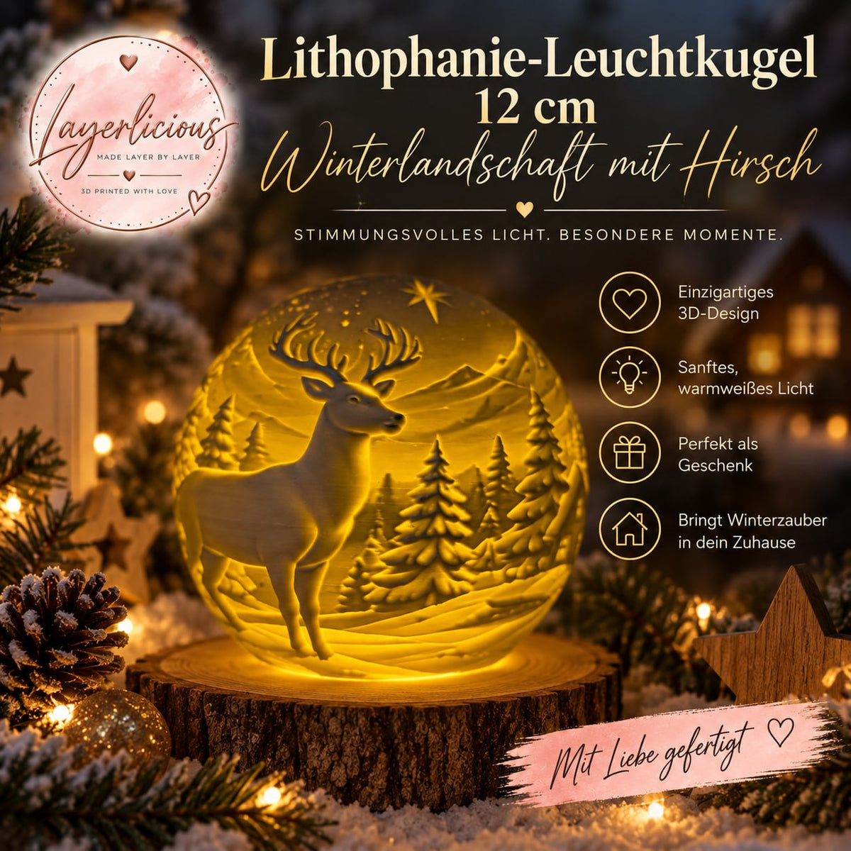 Lithophanie-Leuchtkugel 12 cm – Winterlandschaft mit Hirsch