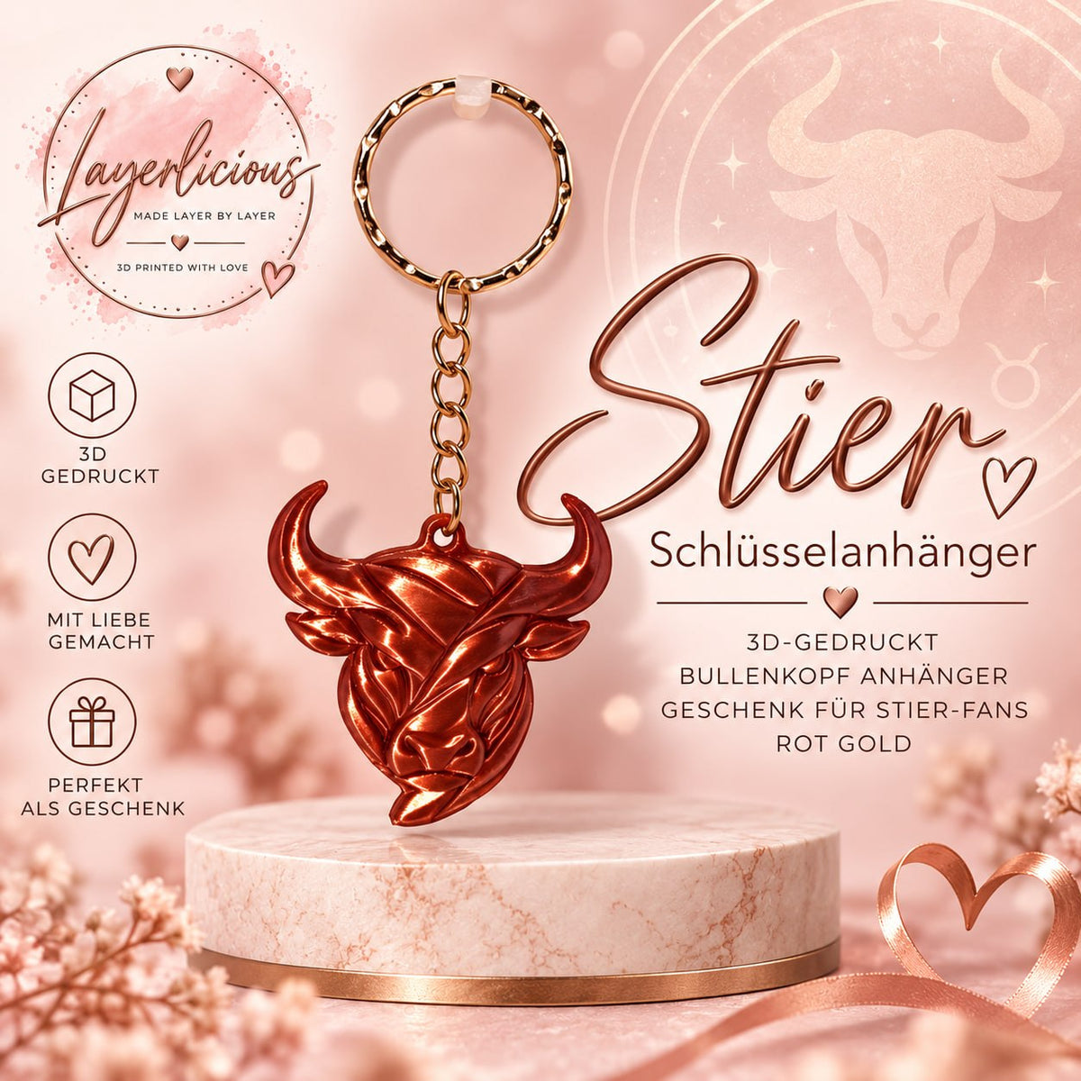 Stier Schlüsselanhänger 3D-gedruckt – Bullenkopf Anhänger – Geschenk für Stier-Fans – Rot Gold