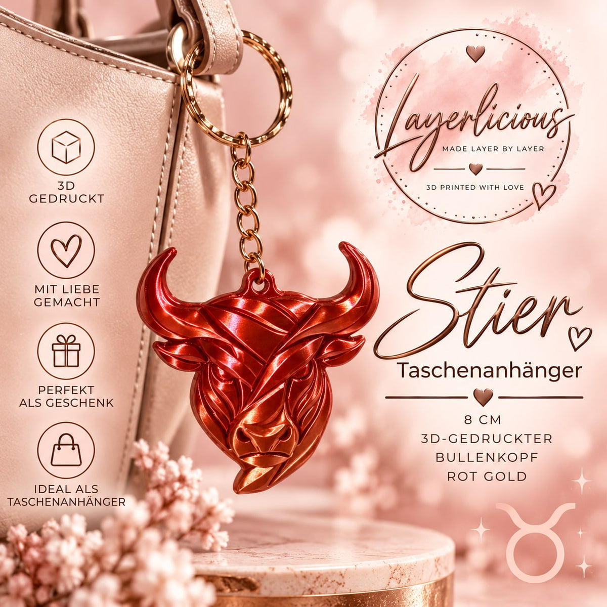 Stier Taschenanhänger 8 cm – 3D-gedruckter Bullenkopf – Rot Gold