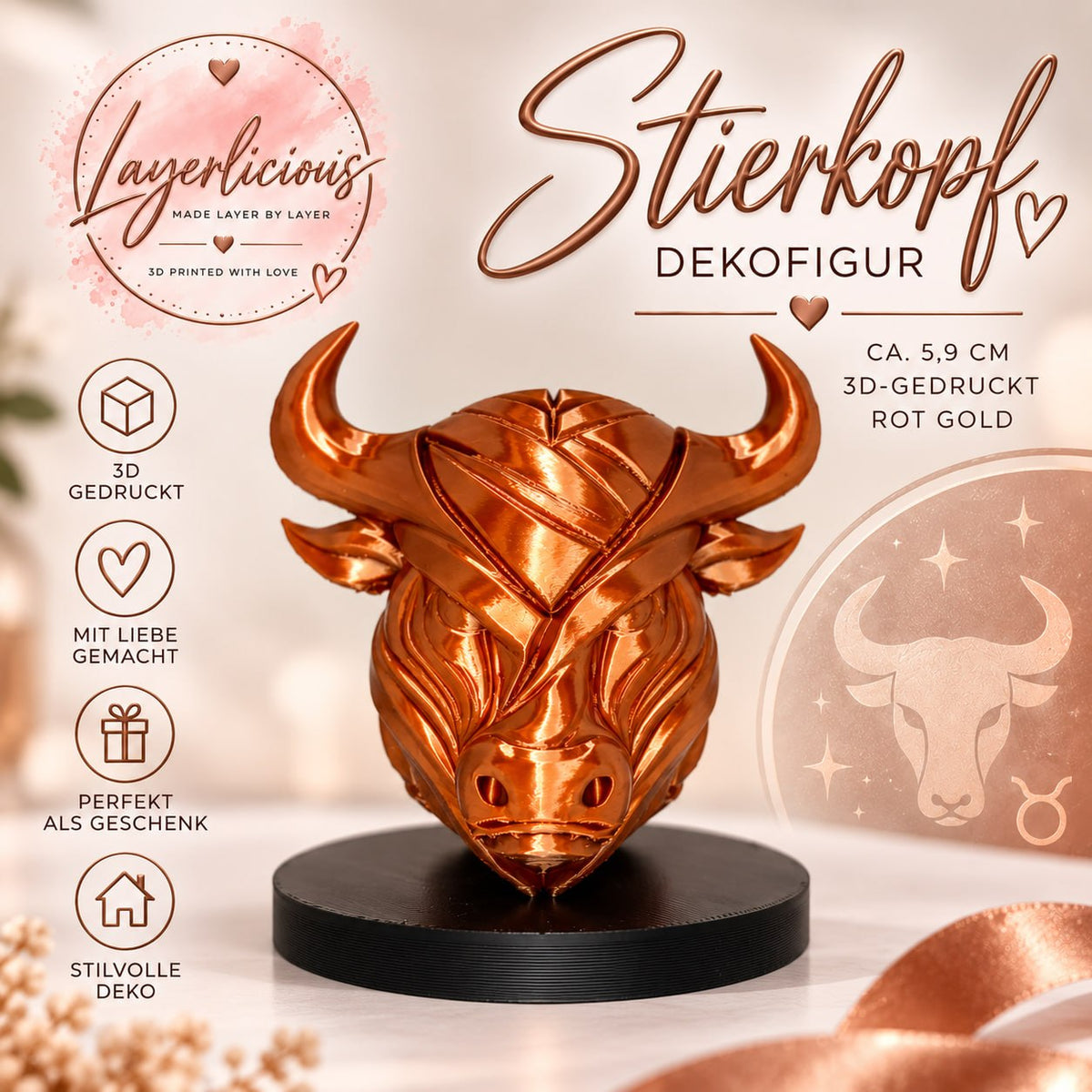 Stierkopf Dekofigur ca. 5,9 cm – 3D-gedruckt – Rot Gold