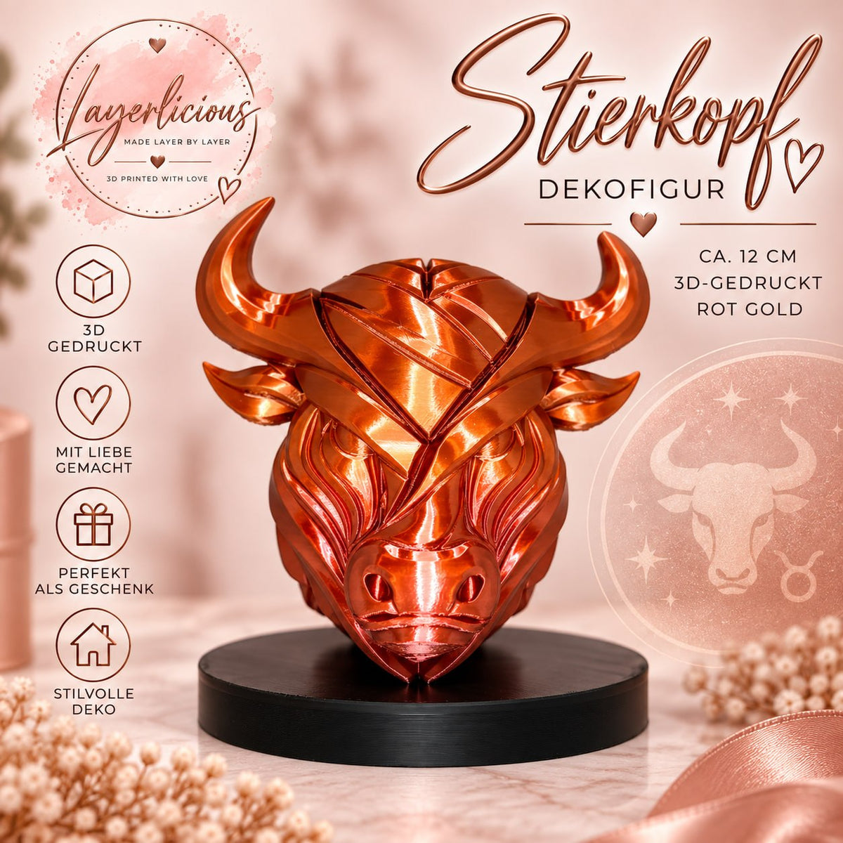 Stierkopf Dekofigur ca. 12 cm – 3D-gedruckt – Rot Gold